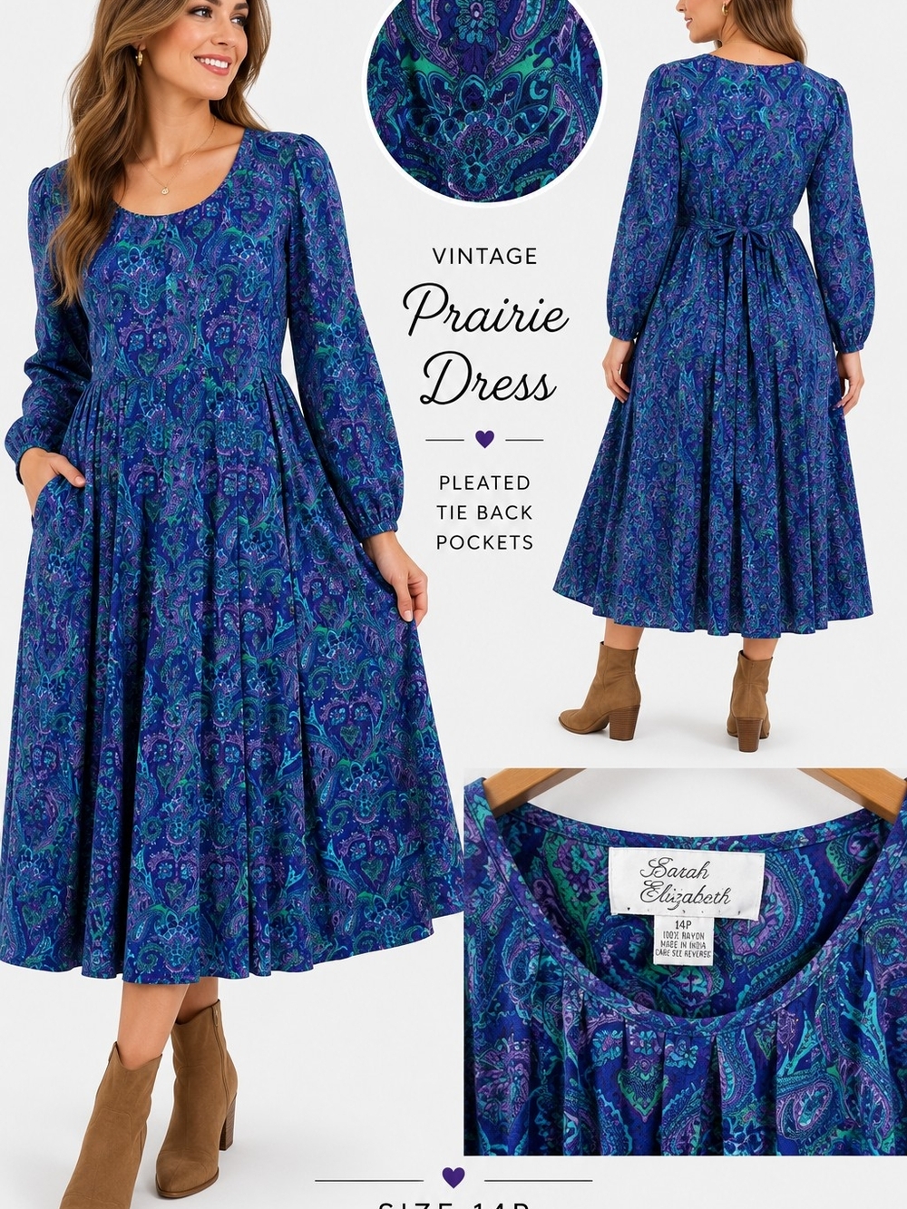 Sarah Elizabeth Blue Vtg 80's Prairie Dress Pleated Pockets Maxi Cottagecore